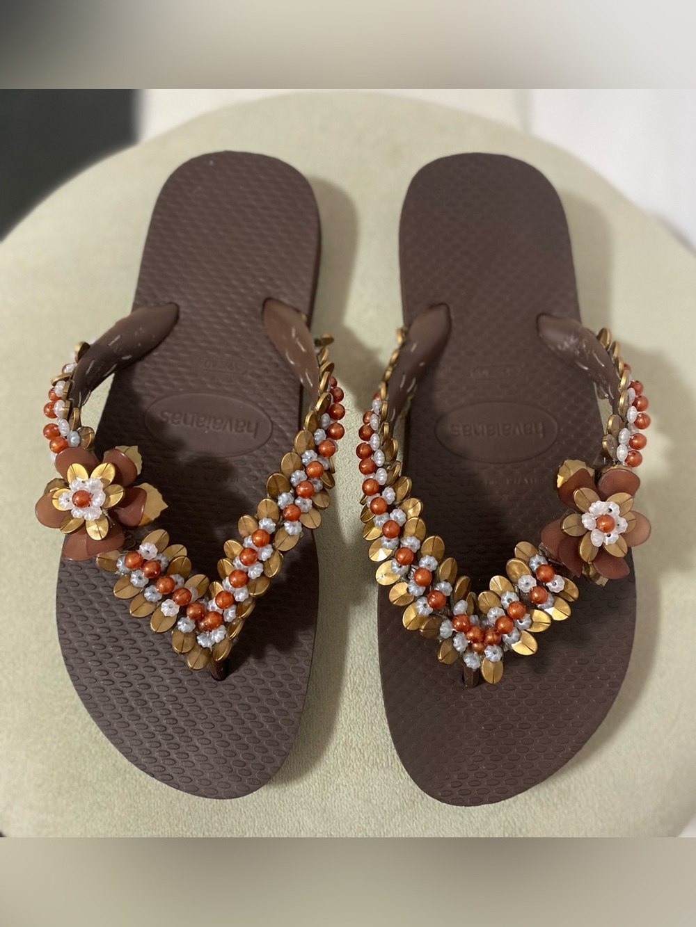 Havaianas Brown Flip Flops with Gold and Orange Bead Embellishments